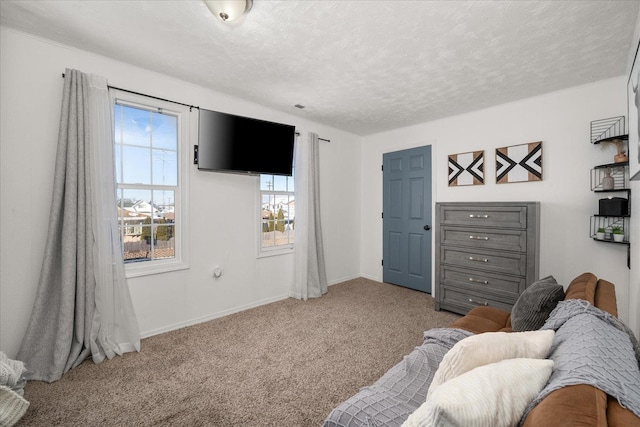 living area with light carpet and a textured ceiling