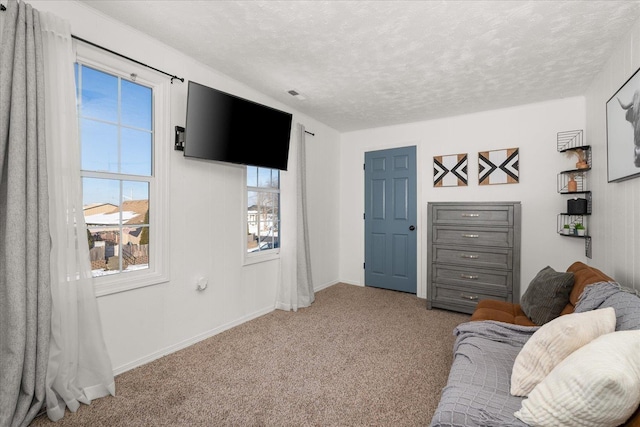 living room with light colored carpet and a textured ceiling