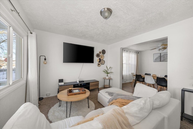 living room featuring ceiling fan, plenty of natural light, and a textured ceiling