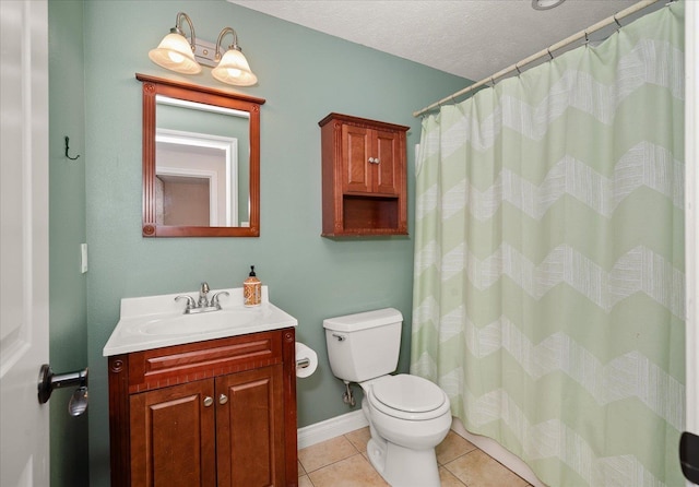 bathroom featuring vanity, a textured ceiling, toilet, tile patterned floors, and a shower with shower curtain