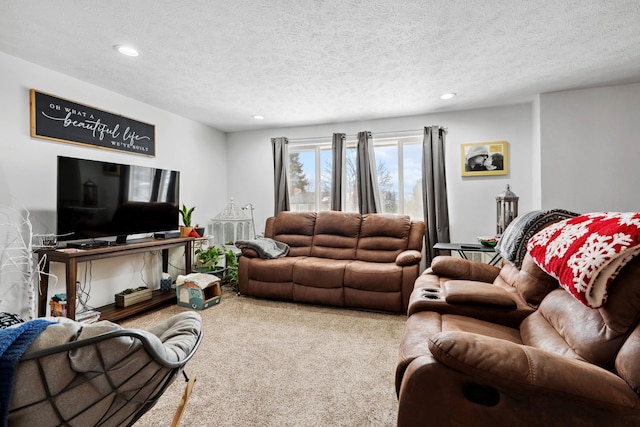 living room with carpet and a textured ceiling