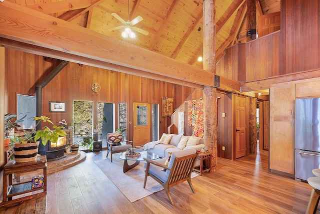 living room with a wood stove, light hardwood / wood-style flooring, wood ceiling, wood walls, and beamed ceiling