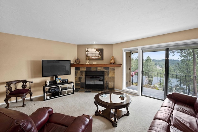 5107N Argonne Ln # 4, Spokane, WA 99212 - carpeted living room featuring baseboards, a fireplace, and a textured ceiling
