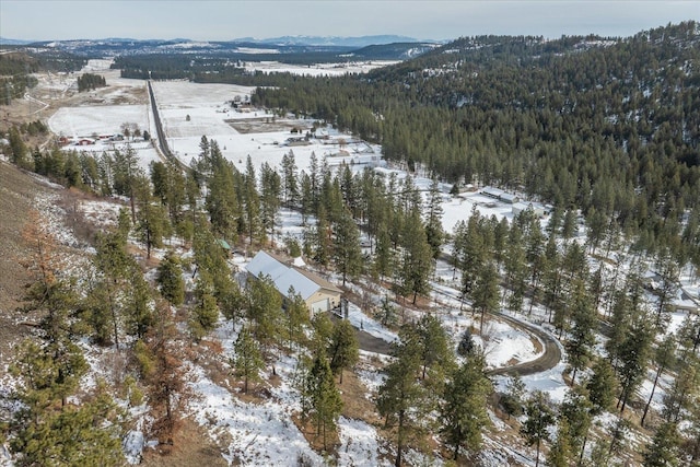 snowy aerial view with a mountain view