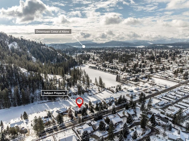 snowy aerial view featuring a mountain view