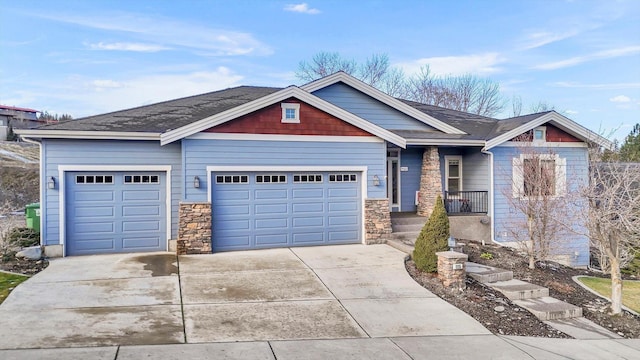 craftsman-style home with roof with shingles, stone siding, driveway, and a garage