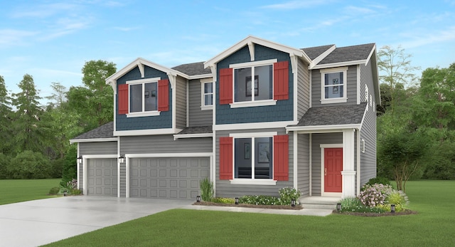 view of front of home with driveway, a shingled roof, an attached garage, and a front yard