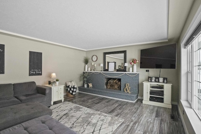 living area with a fireplace and dark wood-style flooring