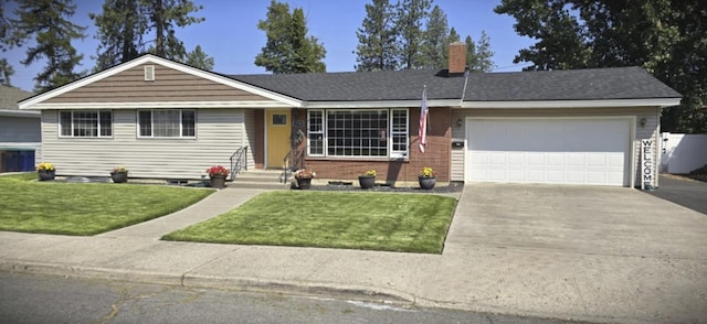 ranch-style home with a garage, concrete driveway, a chimney, and a front yard