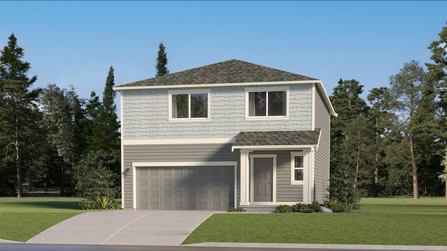 view of front of property featuring an attached garage, a front lawn, concrete driveway, and roof with shingles