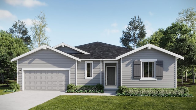 ranch-style house with an attached garage, a shingled roof, a front lawn, and concrete driveway