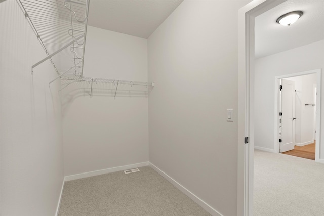 walk in closet with light carpet
