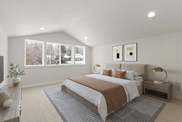 carpeted bedroom featuring baseboards, visible vents, lofted ceiling, recessed lighting, and a textured ceiling