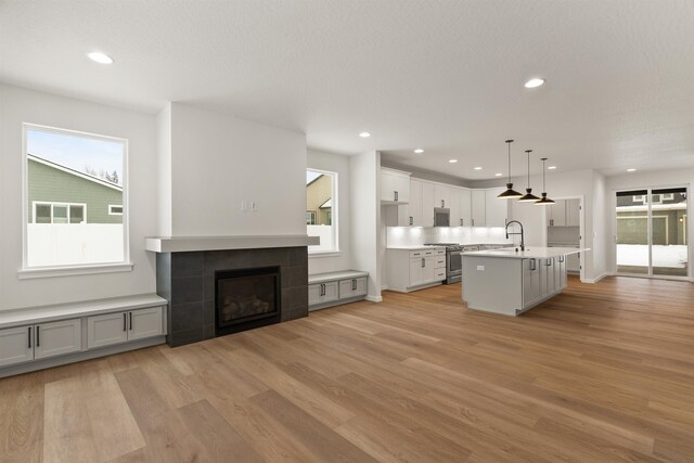 interior space with recessed lighting, light wood-style flooring, a fireplace, and a sink