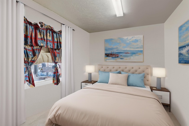 bedroom featuring a textured ceiling and carpet flooring