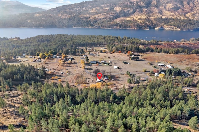 aerial view with a forest view and a water and mountain view