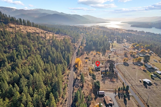 birds eye view of property featuring a water and mountain view