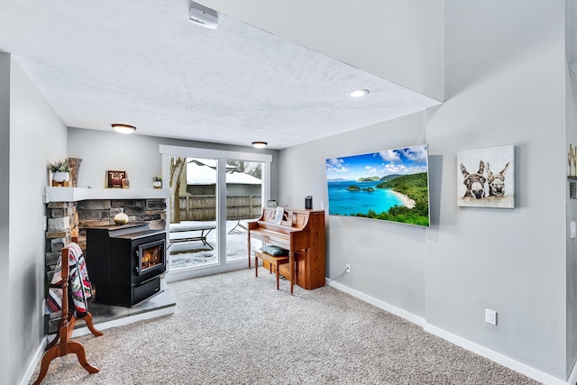 interior space featuring a wood stove, baseboards, and a textured ceiling