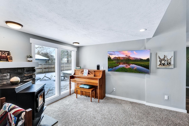 home office with a textured ceiling, carpet, a wood stove, and baseboards