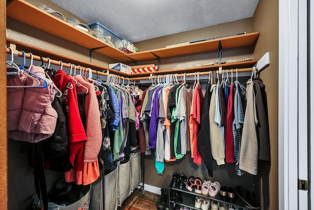 walk in closet with dark wood-style floors