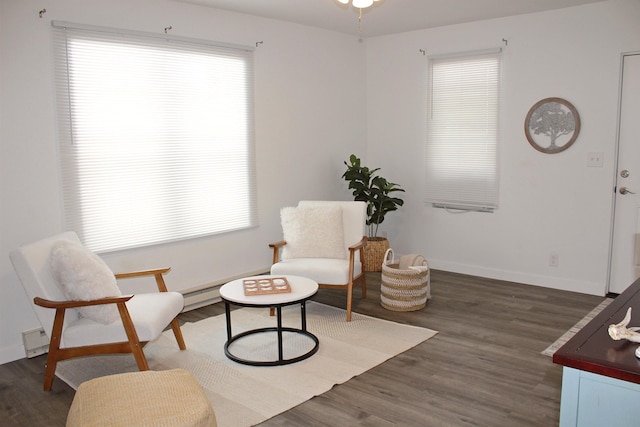 living area featuring dark wood-type flooring, plenty of natural light, and baseboards