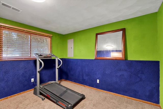 exercise room featuring carpet, electric panel, visible vents, and baseboards