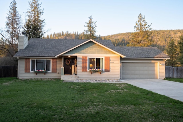 single story home with a front yard, a garage, a chimney, fence, and concrete driveway