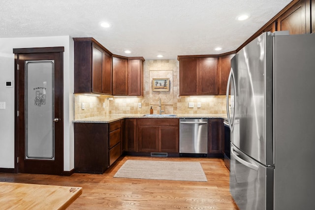 kitchen featuring light wood finished floors, a sink, backsplash, and appliances with stainless steel finishes