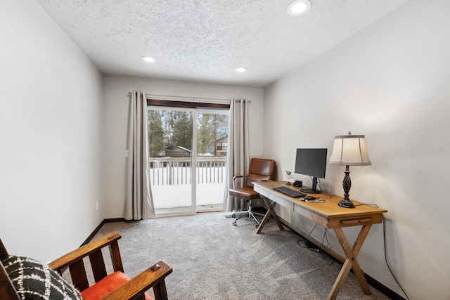 carpeted home office featuring a textured ceiling, baseboards, and recessed lighting