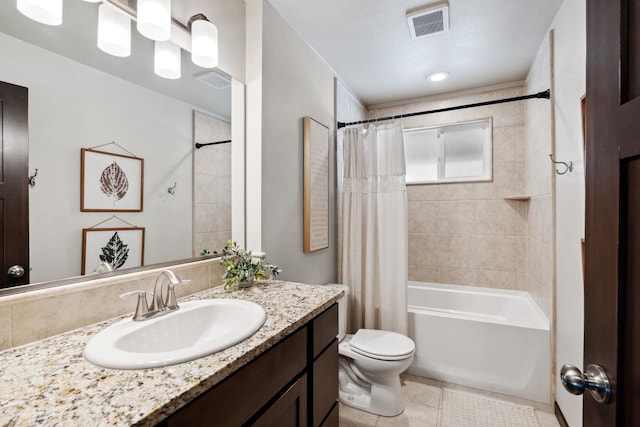 full bath featuring vanity, shower / bathtub combination with curtain, visible vents, and toilet