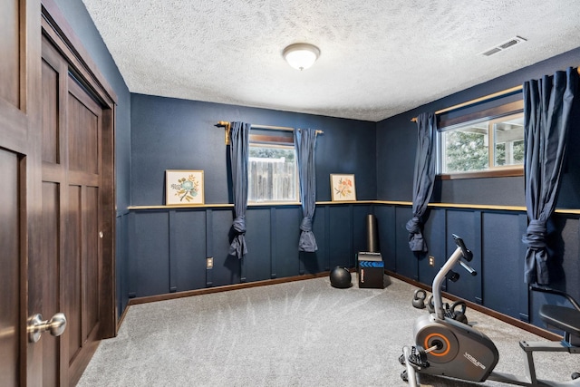 workout area featuring a textured ceiling, baseboards, carpet, and visible vents