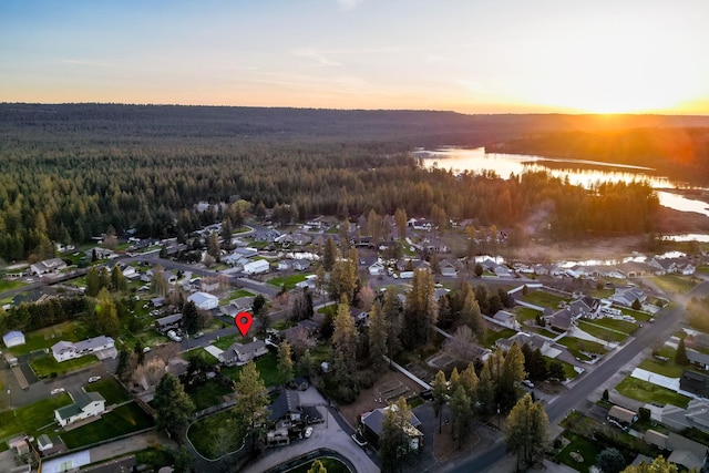 birds eye view of property featuring a water view and a view of trees