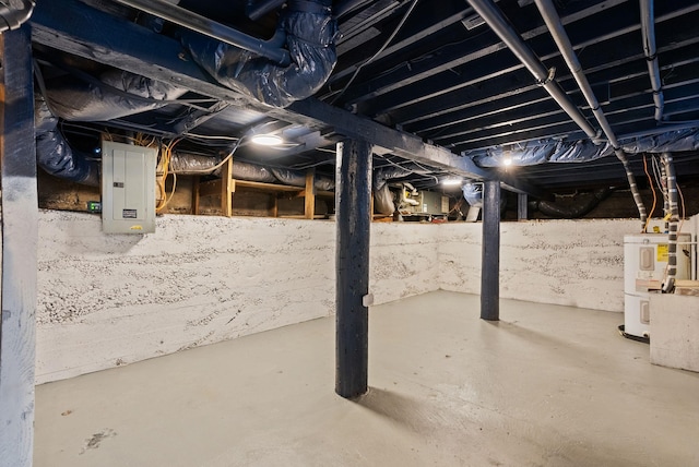 unfinished basement featuring water heater and electric panel