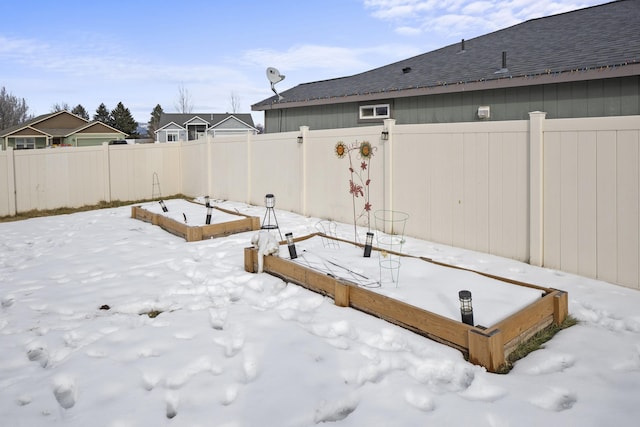 yard covered in snow with a fenced backyard and a garden