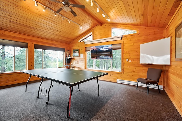 rec room featuring carpet floors, wood ceiling, wooden walls, and vaulted ceiling