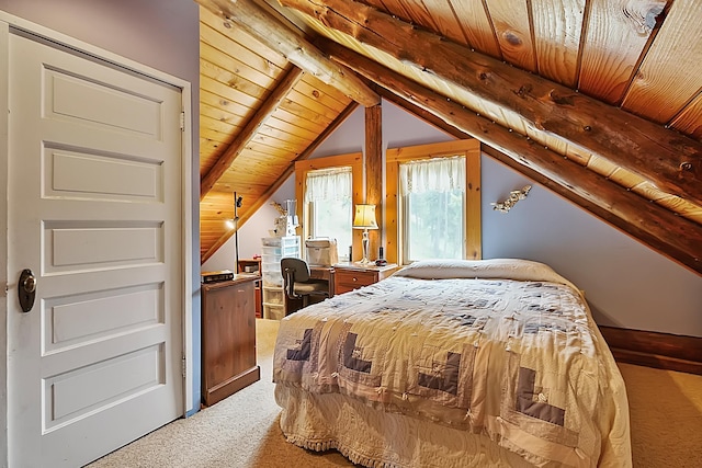 carpeted bedroom with wood ceiling and vaulted ceiling with beams