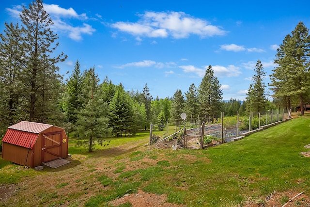 view of yard featuring a garden, a storage shed, and a rural view