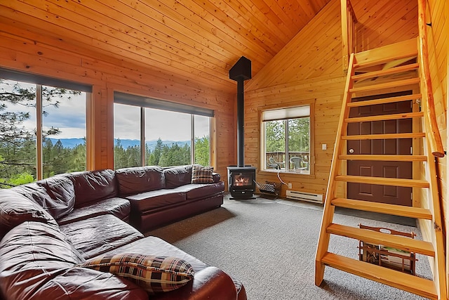 living area with a wood stove, wooden walls, and carpet floors