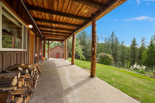 view of patio featuring an outdoor structure