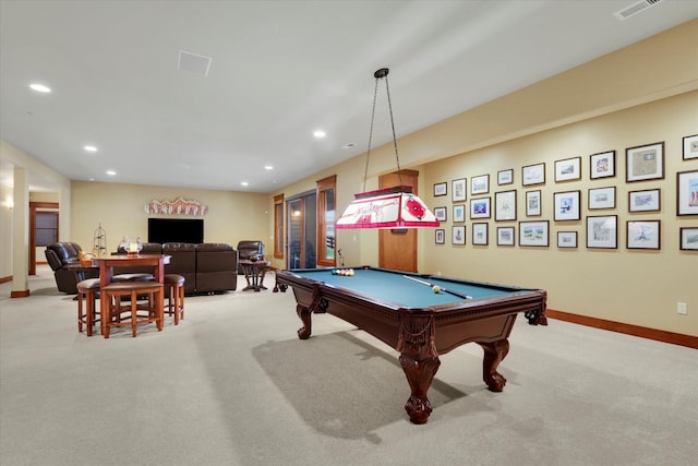 game room featuring recessed lighting, light colored carpet, billiards, visible vents, and baseboards