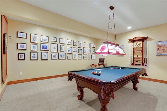 recreation room featuring light carpet, recessed lighting, billiards, and baseboards