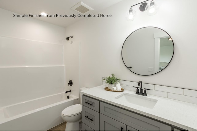 full bath with washtub / shower combination, toilet, vanity, and visible vents