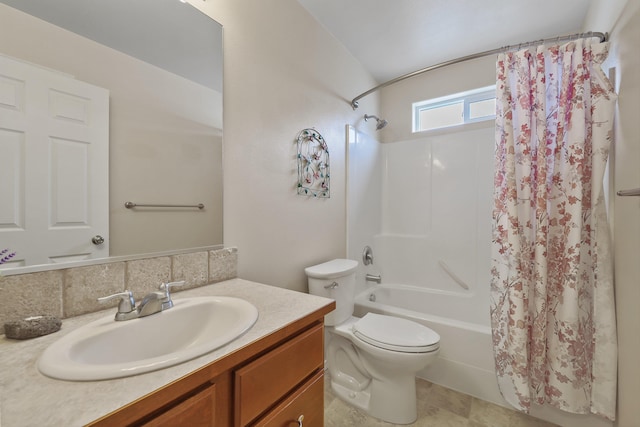 bathroom featuring toilet, tasteful backsplash, vanity, and shower / bathtub combination with curtain