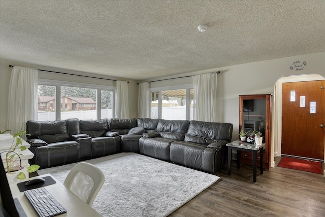 living area featuring a textured ceiling and wood finished floors