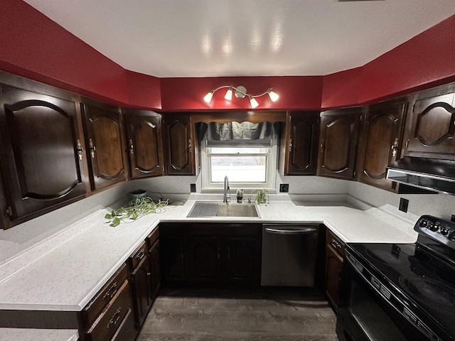 kitchen with black range with electric cooktop, under cabinet range hood, a sink, light countertops, and dishwasher