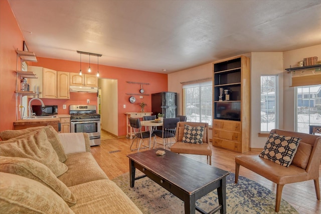 living area featuring light wood-style floors and baseboards