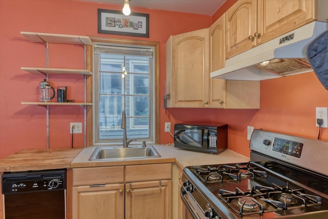 kitchen with open shelves, light countertops, a sink, under cabinet range hood, and black appliances