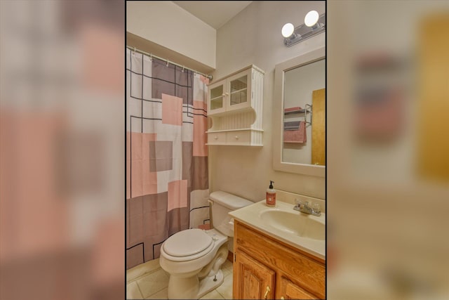 bathroom with toilet, curtained shower, tile patterned flooring, and vanity