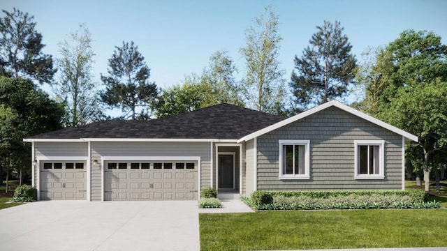 single story home featuring an attached garage, roof with shingles, concrete driveway, and a front yard