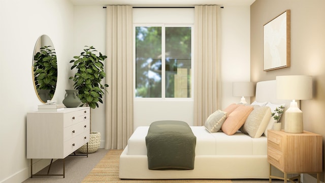 bedroom featuring light colored carpet